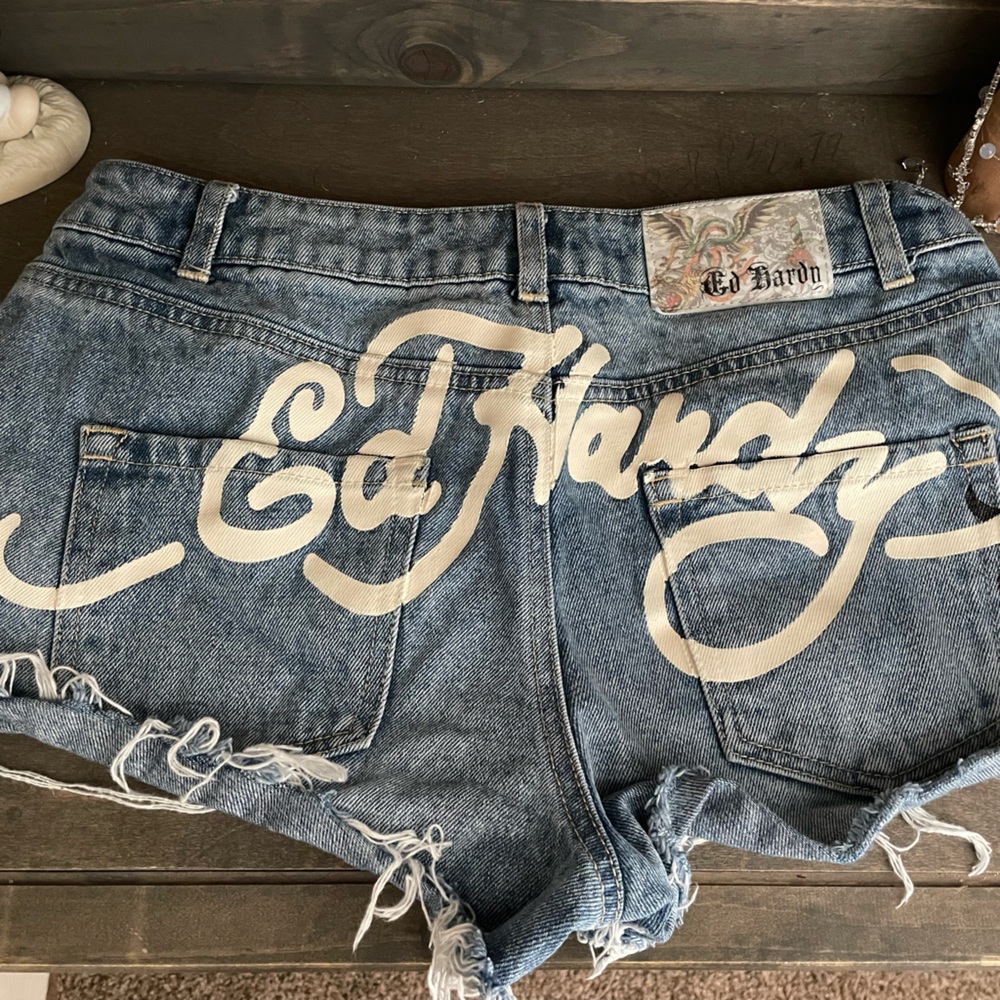 Ed Hardy Blue Distressed Jean Shorts Cut-Off Style